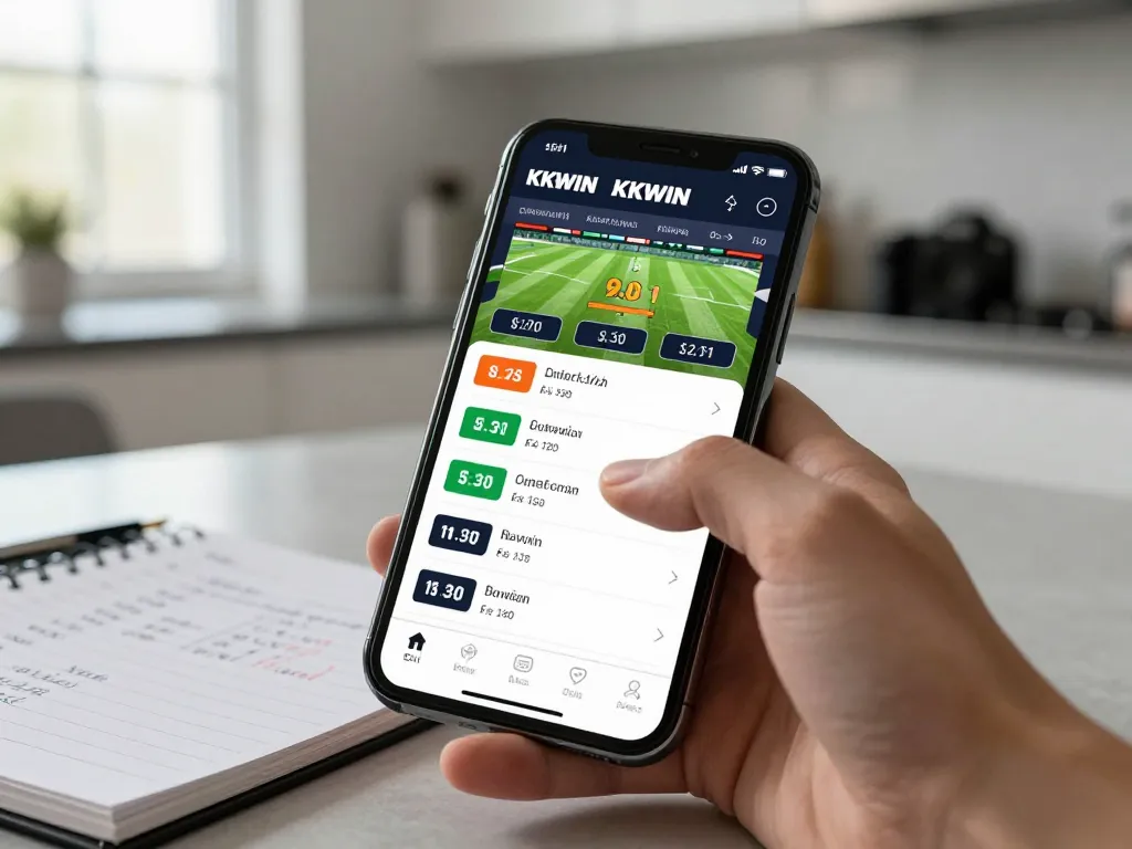 Betting on the KKWIN app for live sports shown on a smartphone in a modern kitchen.