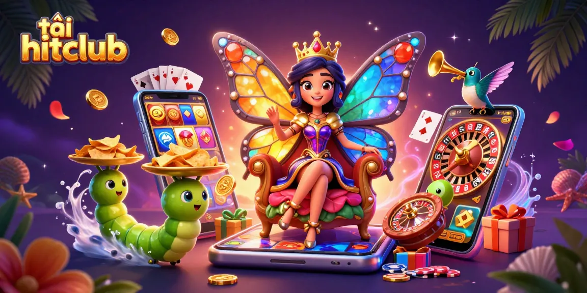 Play thrilling games at tải hitclub with a vibrant casino scene featuring a glowing smartphone, chips, and rich graphics.