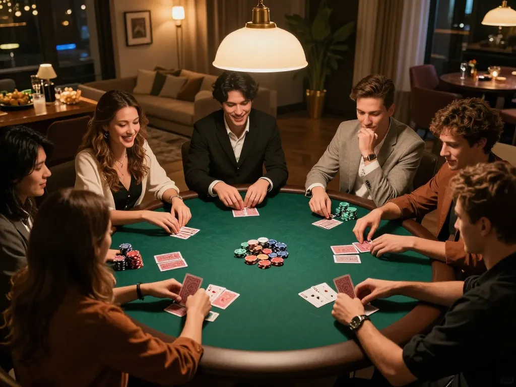 B52 club players enjoying an exciting home poker night with chips and cards.