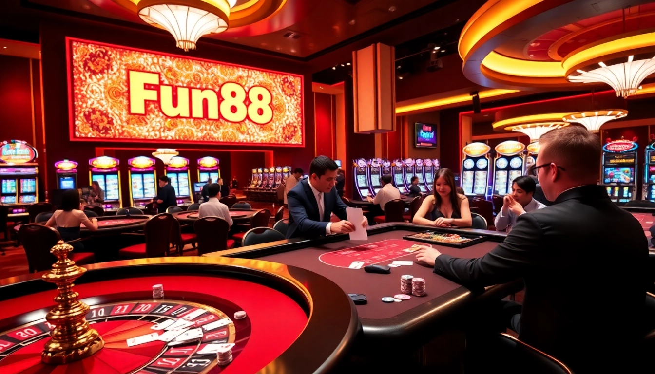 Fun88 casino players enjoying an exciting game of blackjack in a vibrant atmosphere.