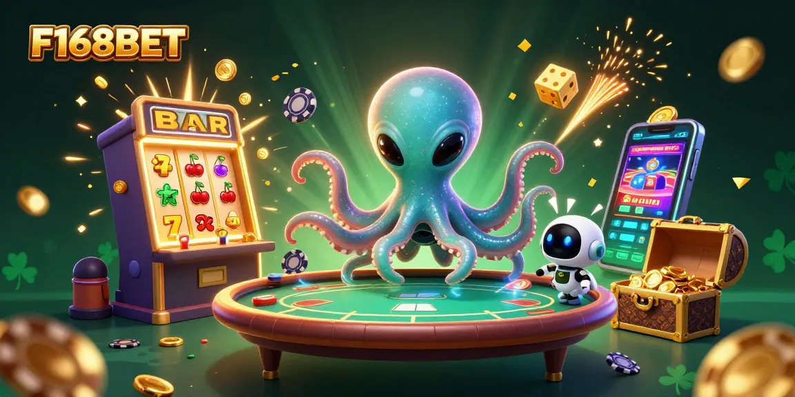 Play with exciting games at F168BET, featuring vibrant 3D characters in an exhilarating casino scene.
