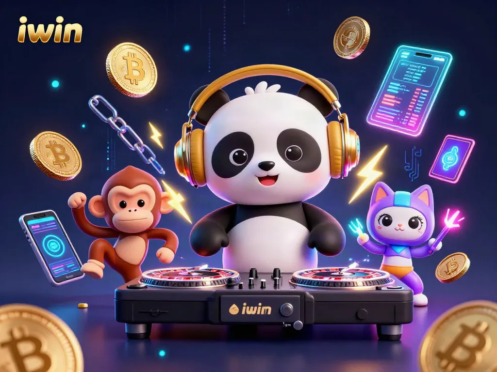 Engage in thrilling gaming with iwin, featuring a DJ panda, a dancing monkey, and a rave kitten.