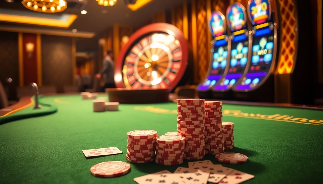 Experience thrilling gameplay at ee 88 with vibrant slot machines and an exciting roulette wheel in a luxurious casino setting.