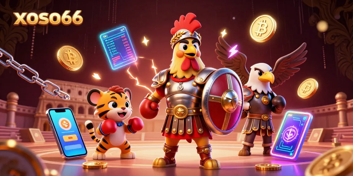 Experience thrilling gameplay at xoso66 with a dynamic scene featuring a gladiator rooster, crypto elements, and electric energy.