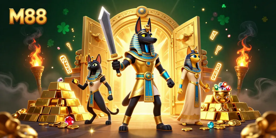 M88 casino experience with Anubis and Bastet surrounded by treasures and glowing elements.