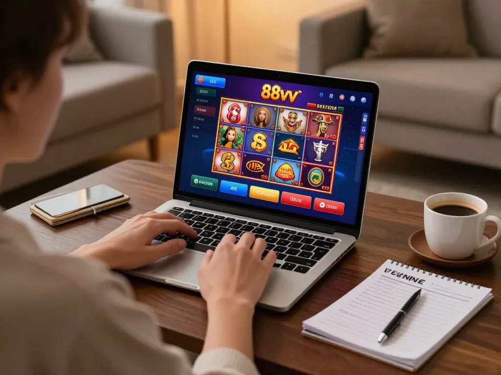 Engaging online gambling with the 88vv casino interface on a laptop in a cozy home setting