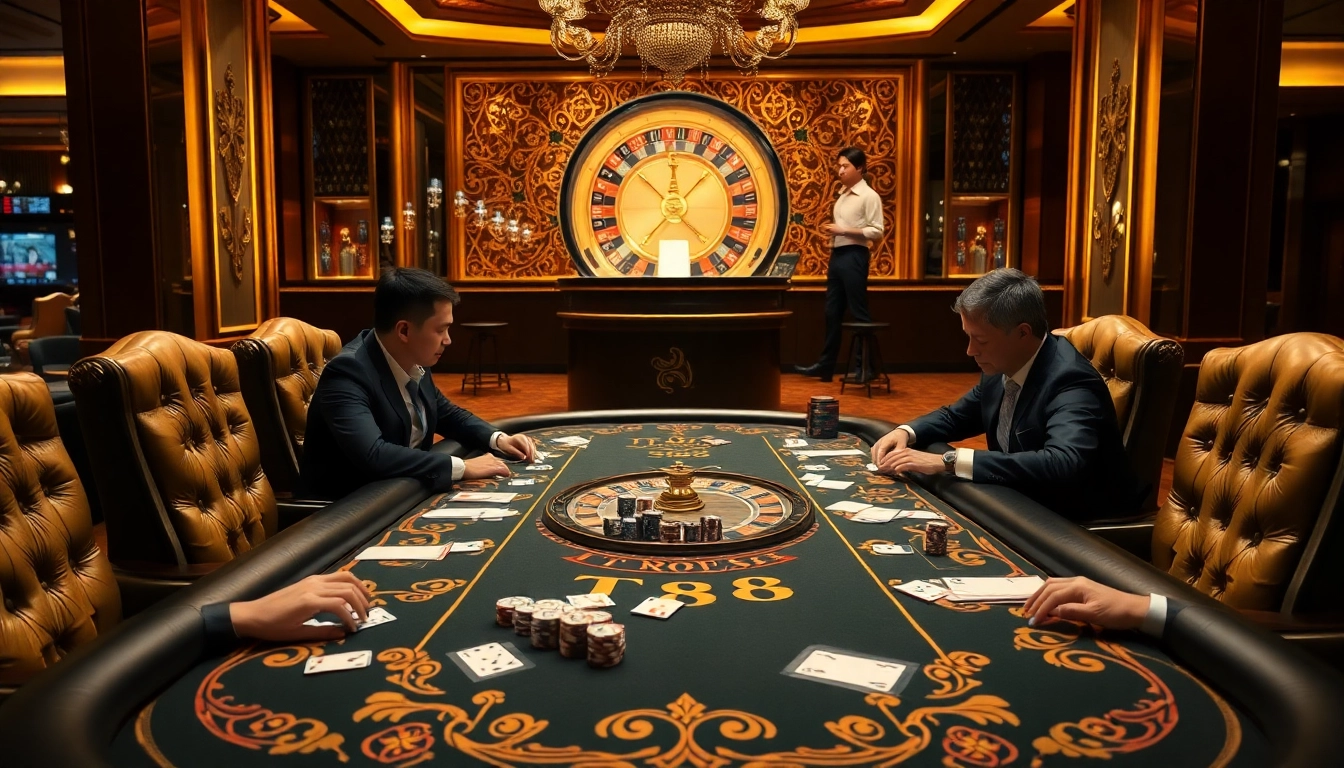Excited players at a TR88-themed poker table strategizing their game in a luxurious casino setting.