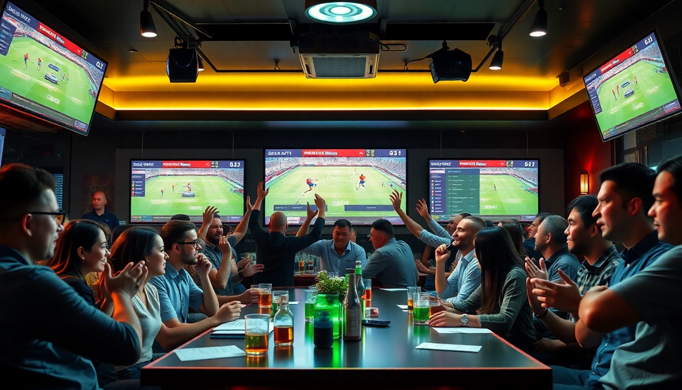 Tylekeo88 bustling sports betting atmosphere with screens, patrons, and betting slips.