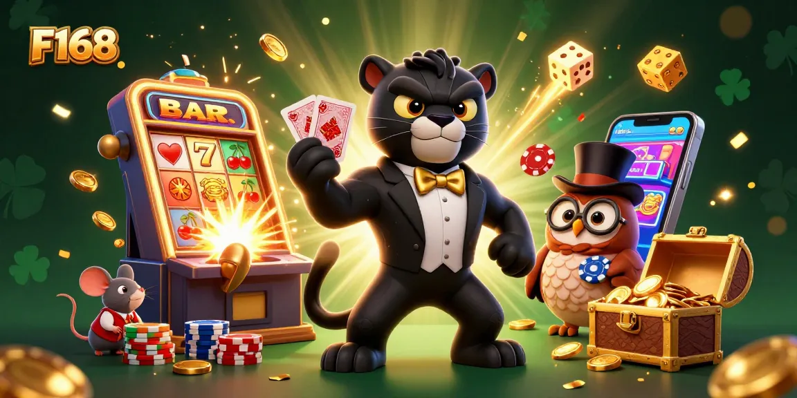Experience thrilling games at F168 with a stylish panther dealer amidst a jackpot explosion.
