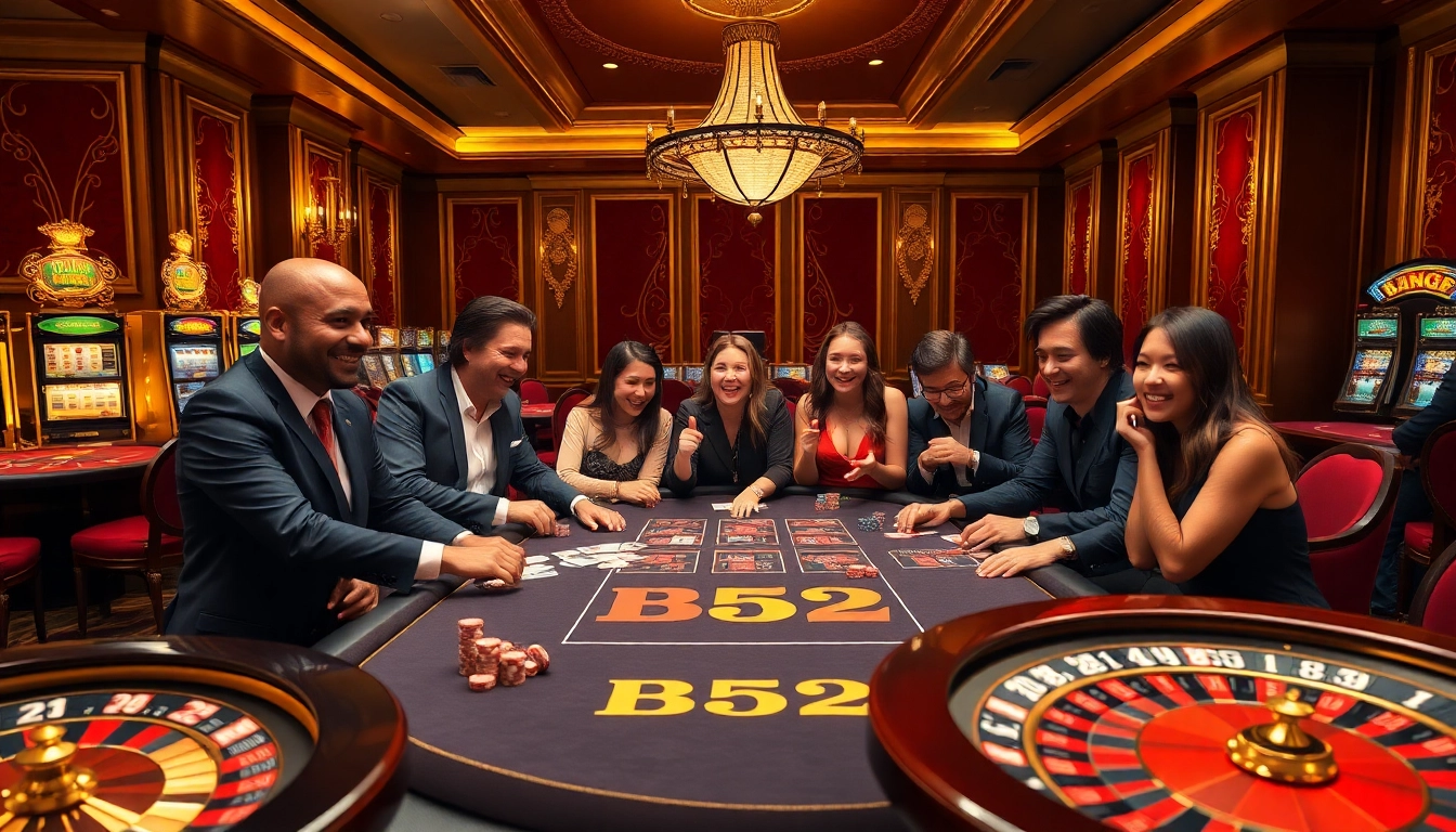Gamblers strategizing at the B52 gaming table amidst a lively casino atmosphere.