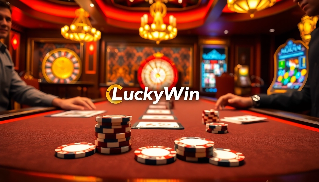 Engaged players strategizing at a luxurious poker table, embodying the LuckyWin gambling experience.