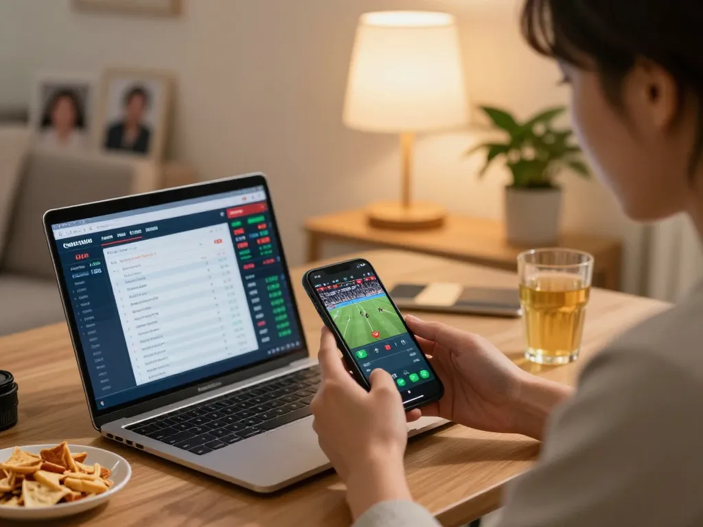 Engaging in sports betting on a smartphone at home with nk88 as players monitor live odds.