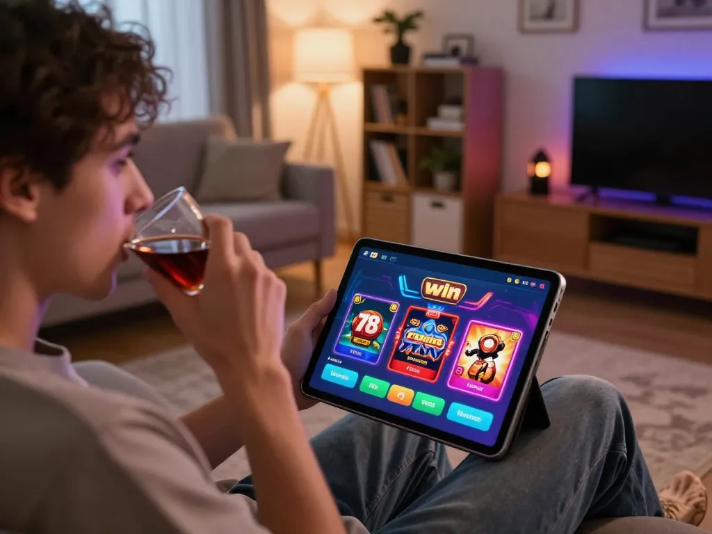 Player enjoying the 78 win online casino app on tablet in cozy home setting, enhancing online gambling experience.