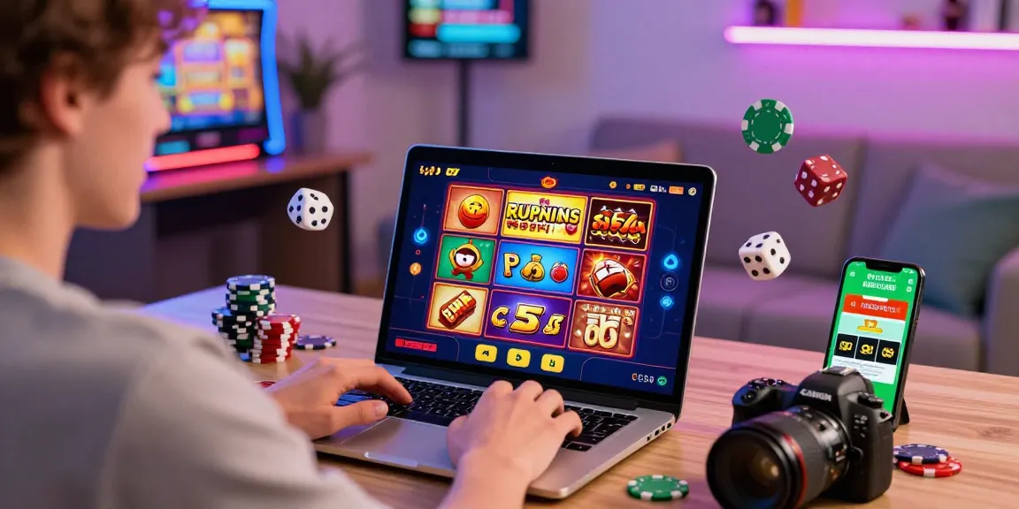 Excited player engaging with online games and UK casinos not on GamStop in a vibrant, lively home environment.