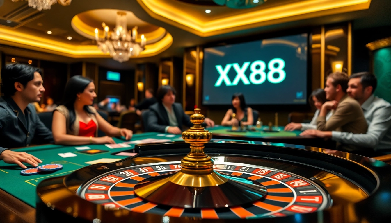 Experience high-stakes betting at the professional XX88 casino table, showcasing vibrant chips and cards.