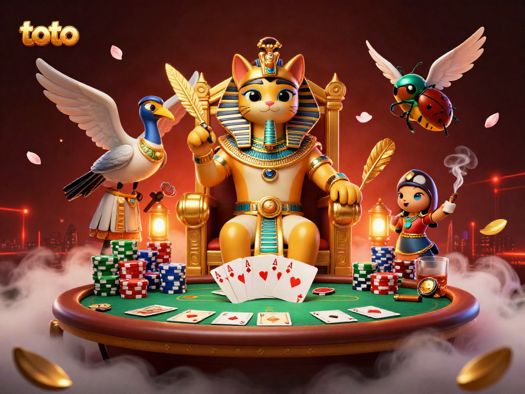 Engage in exciting toto poker sessions with pharaoh cat and scribe amidst vibrant gambling elements.