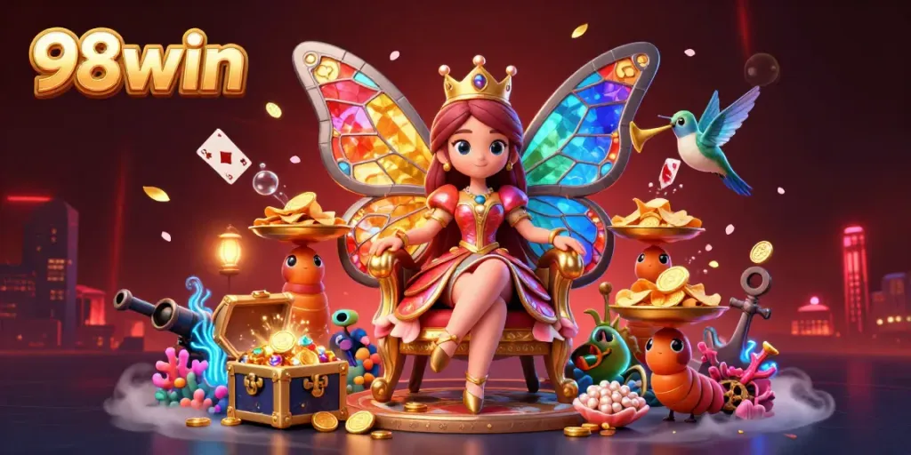 Experience the vibrant 98win casino world with a butterfly queen amidst treasures and gaming elements.