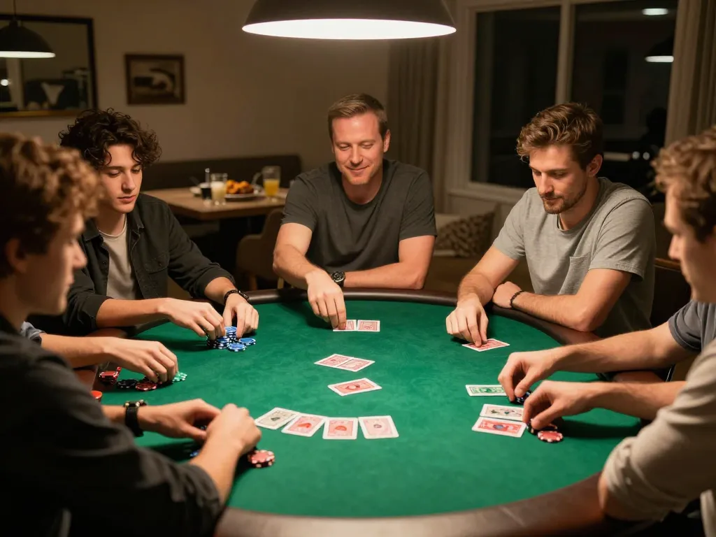 Friends playing a strategic poker game at home with LC 88 themed ambiance and chips