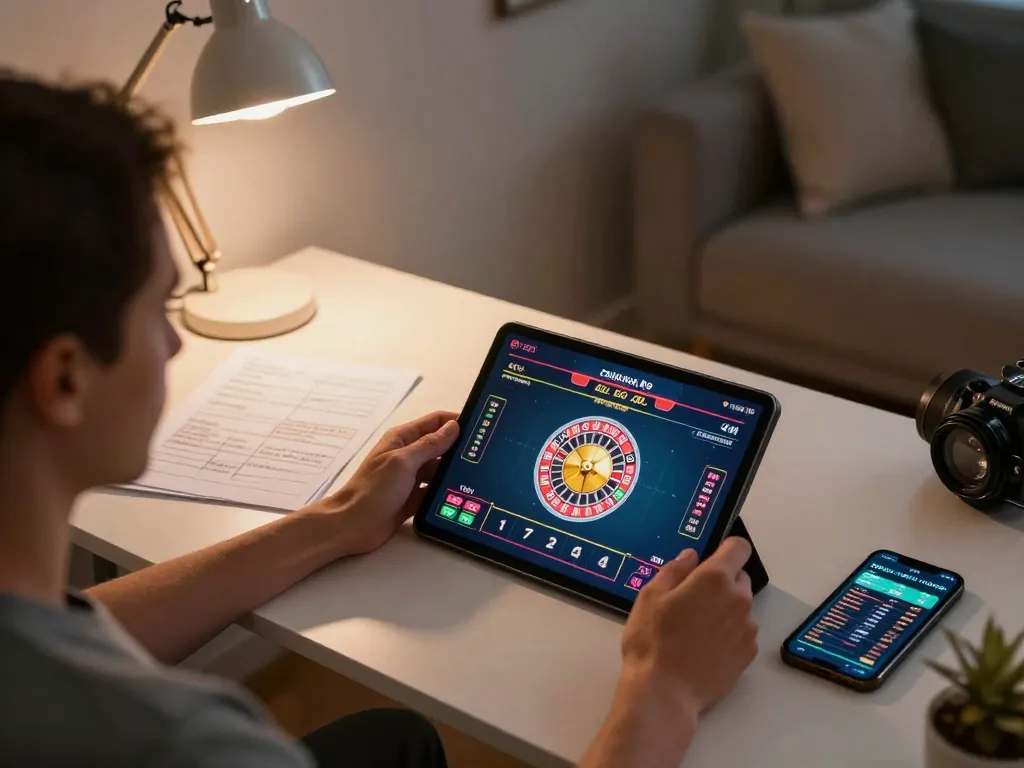 Person using fabet app for online roulette gaming in cozy home office with strategy notes