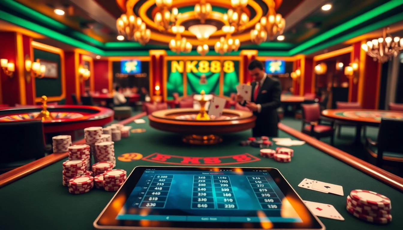 NK88 casino scene with engaging tables, roulette, and vibrant online gambling interface showcasing excitement.