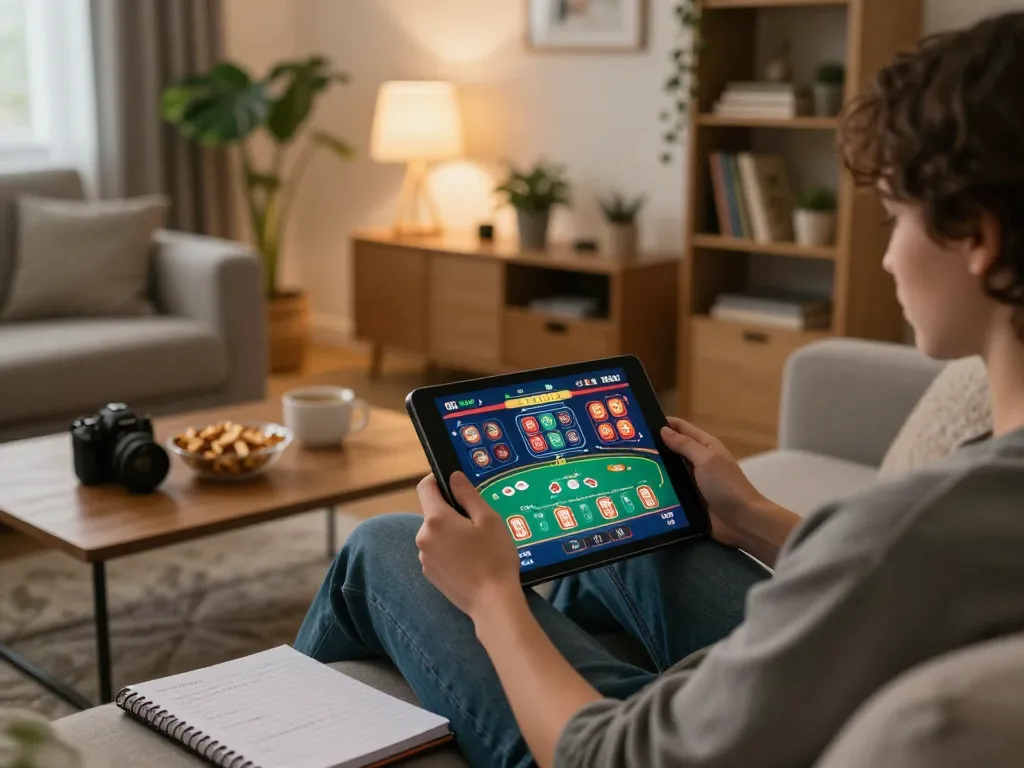 Person enjoying online gambling from home on trang chủ dh88, playing casino games on tablet with cozy surroundings.