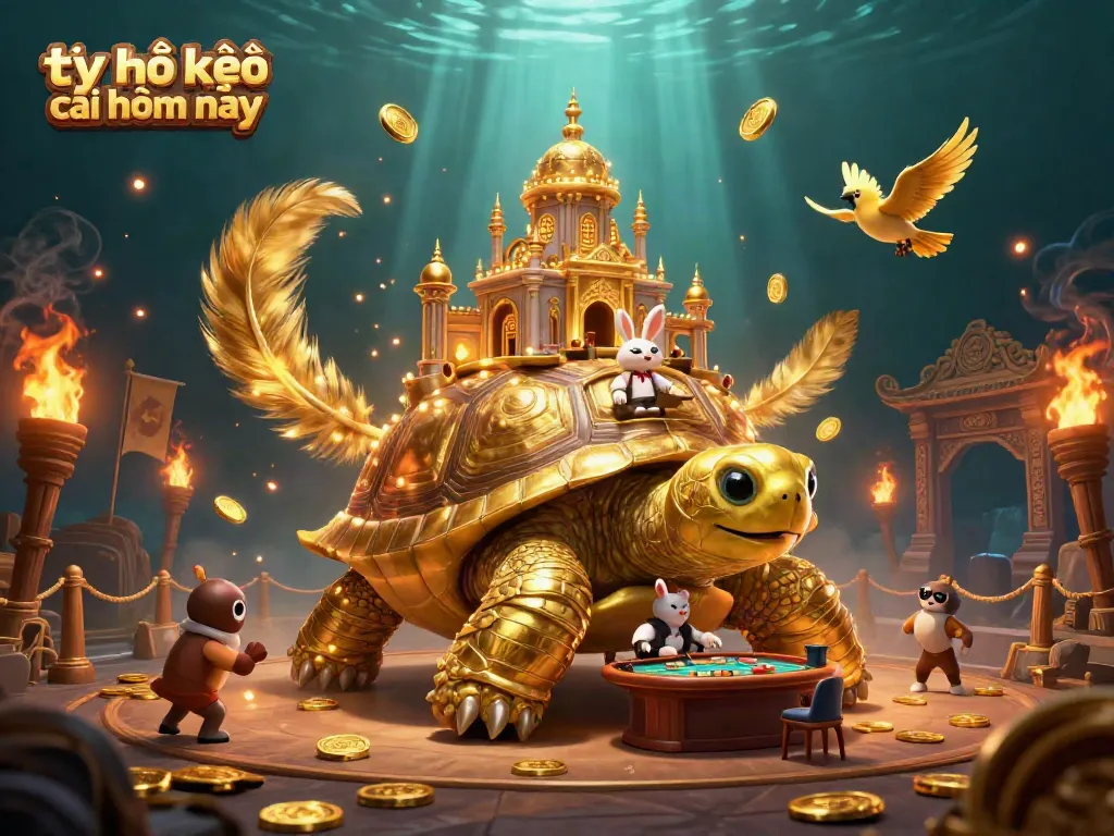 Win with tỷ lệ kèo nhà cái hôm nay in a vibrant, illustrative casino scene featuring a golden tortoise and a rabbit dealer.