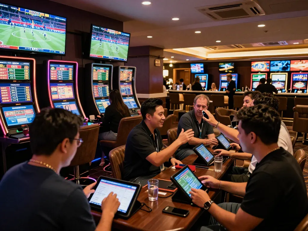 Engaged bettors enjoying the hitclub experience while analyzing live sports odds in a luxury lounge.