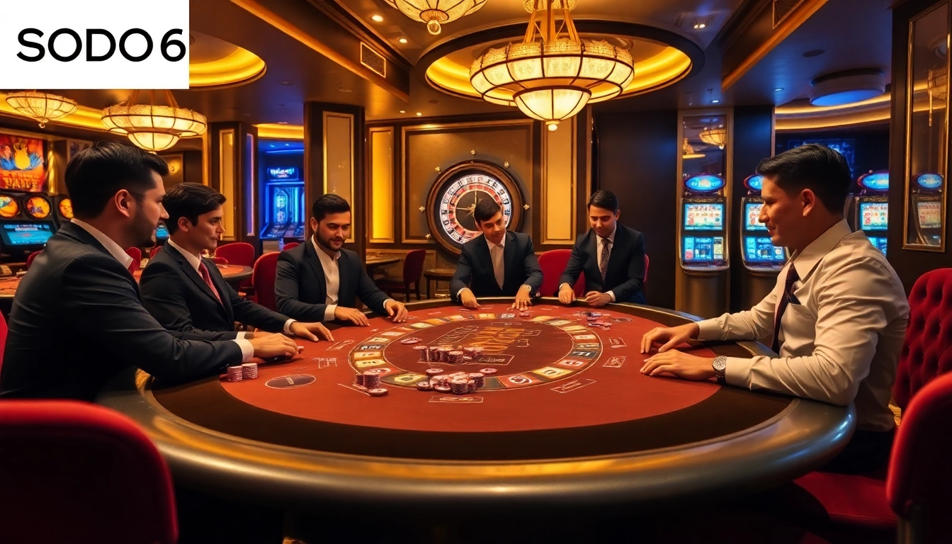 Players enjoy an exciting game of high-stakes poker at SODO66 casino's elegant table.