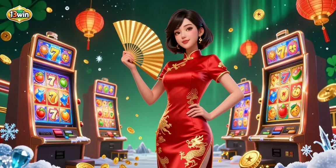 Experience thrilling slots and jackpots at 13win with a captivating Asian casino atmosphere illustrated in a vibrant scene.