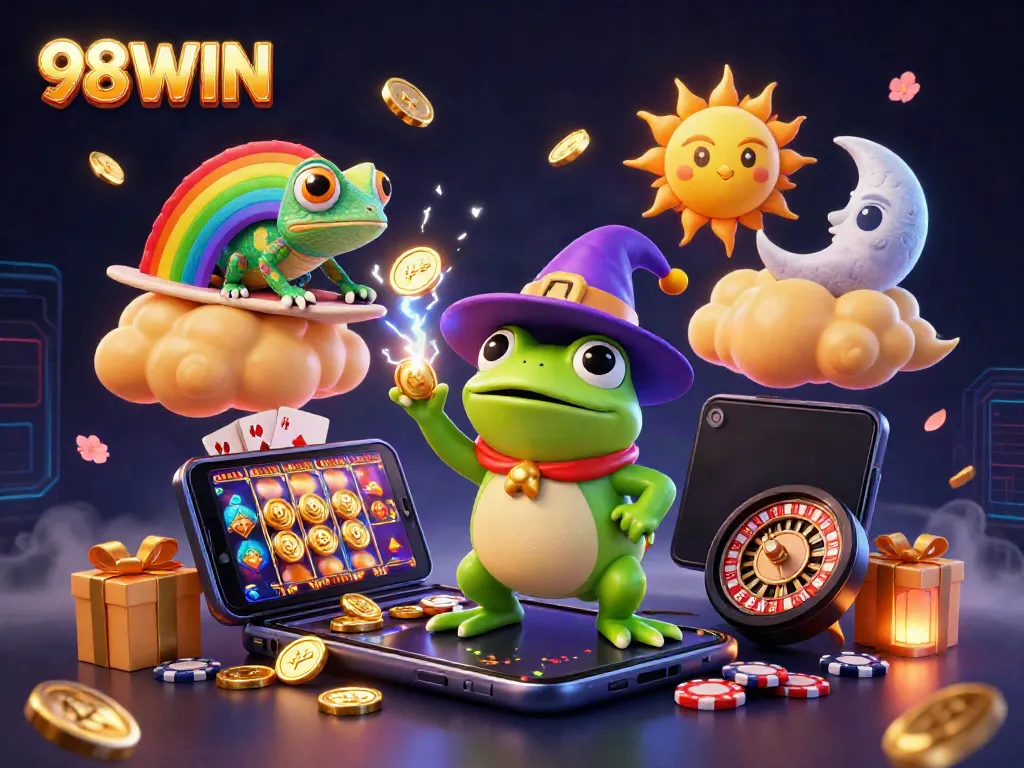 Celebrate winnings with vibrant 98WIN characters amidst a storm of coins in a magical casino world.