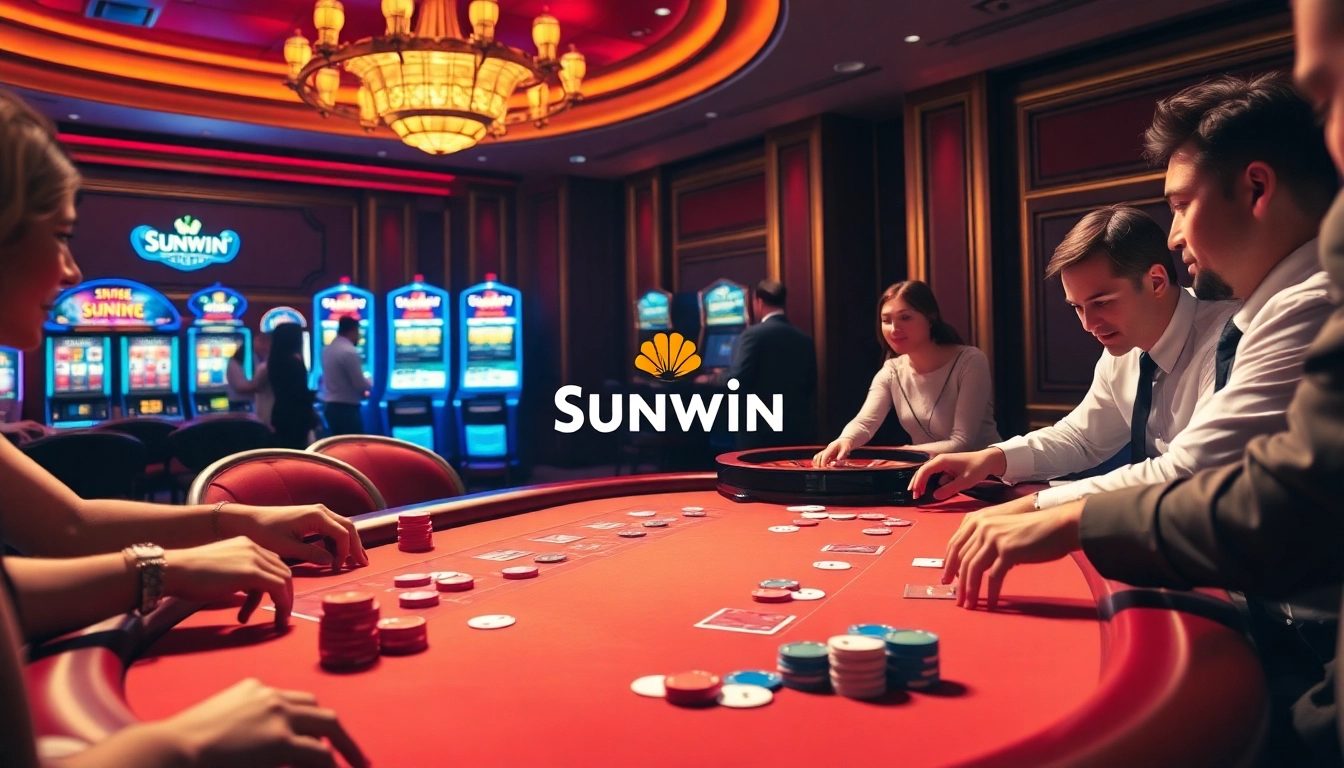 Betting at a Sunwin poker table with vibrant casino elements and excitement in the air.