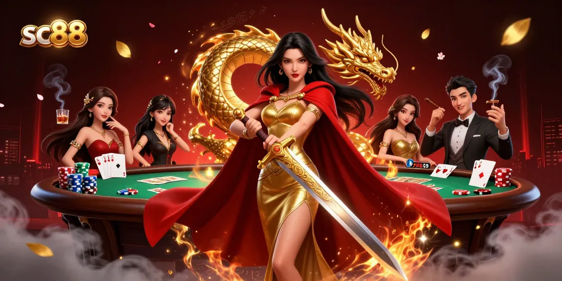 Engage with the thrill of SC88's poker games, featuring a warrior queen and a golden dragon amidst vibrant casino elements.
