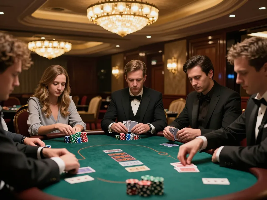 Players immersed in a game at a luxurious poker table, showcasing the excitement of ok365vvip gaming experience