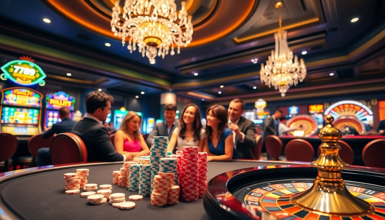 Exciting scene at 789win casino with vibrant slot machines and poker gameplay.