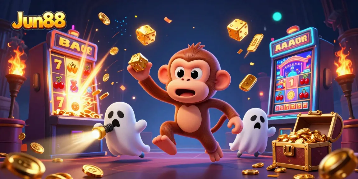 Experience fun gambling with Jun88, capturing the excitement of a lively casino scene with slot machines and whimsical characters.