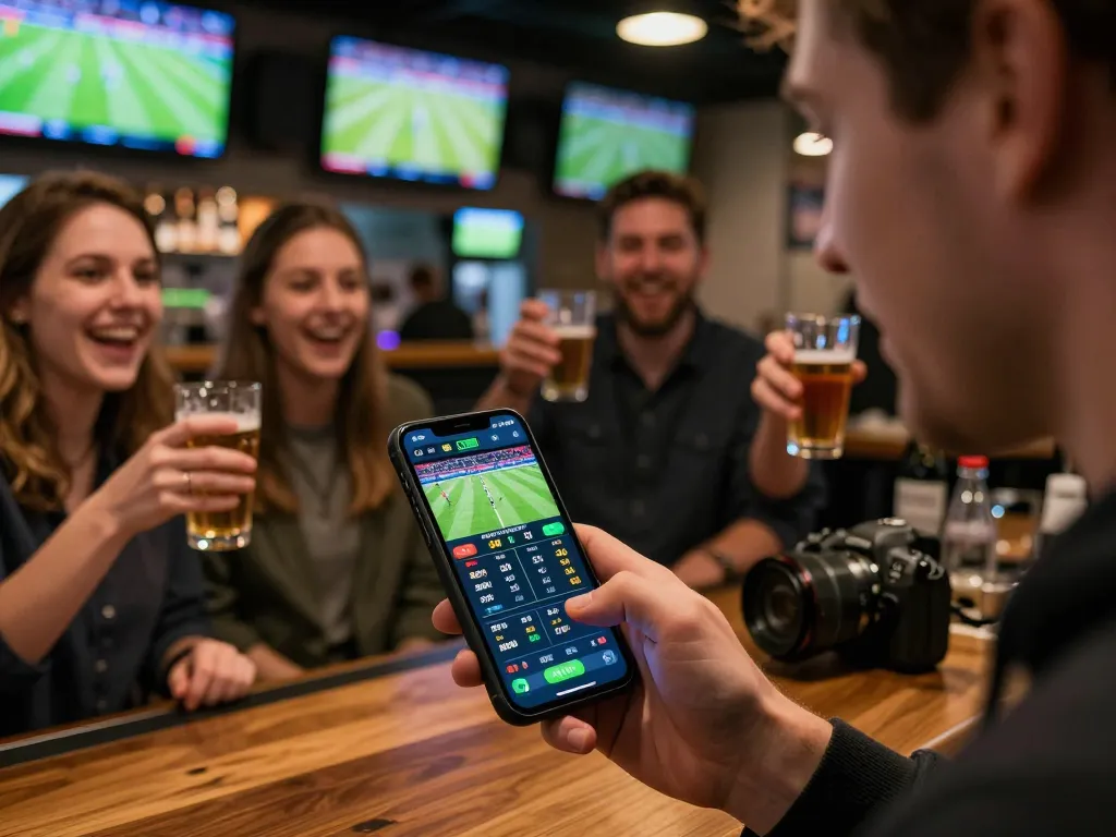Placing bets on the TG88 app during a live sports event with friends cheering nearby, showcasing an exciting atmosphere