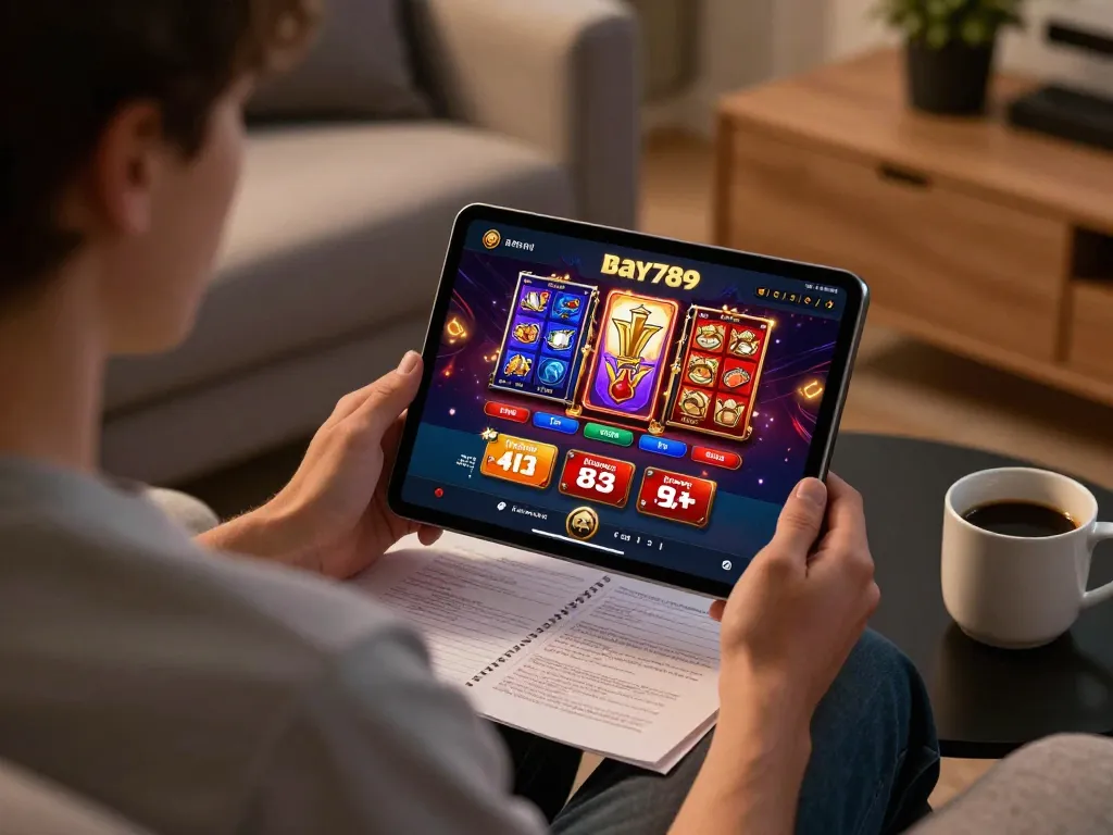 Engaging online gambling moment with Bay789 app on tablet, showcasing strategic gameplay and cozy ambiance.