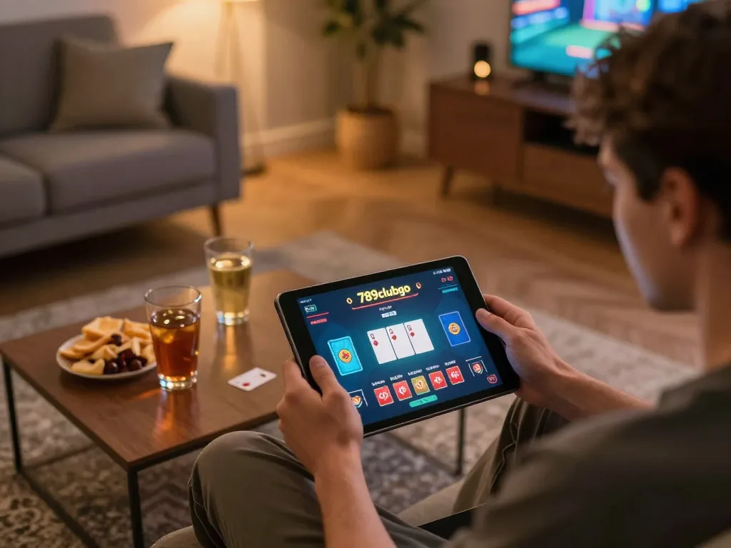 Engaging with 789clubgo app in a cozy home setting, enjoying an online casino experience.