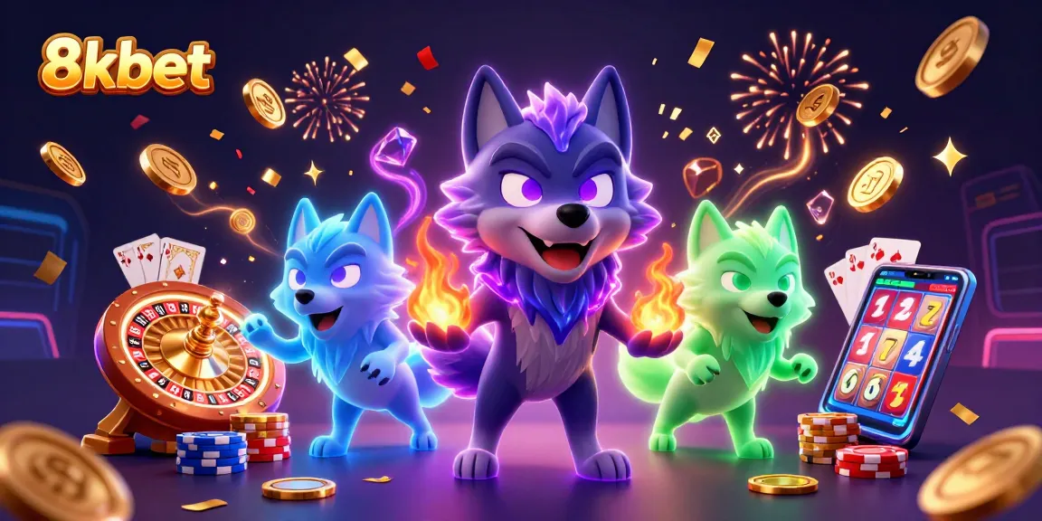 Engage with 8kbet's thrilling casino experience featuring glowing wolves and dynamic slot action.