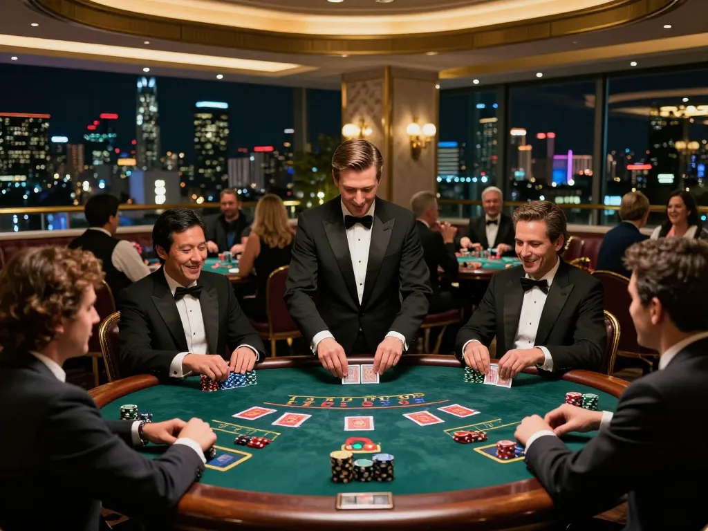 Play strategic blackjack at luck8mb with engaged players in elegant casino ambiance.