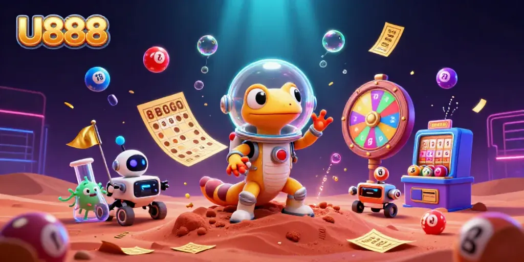 Experience U888's vibrant gaming world with a Martian gecko in a casino scene full of lottery excitement.