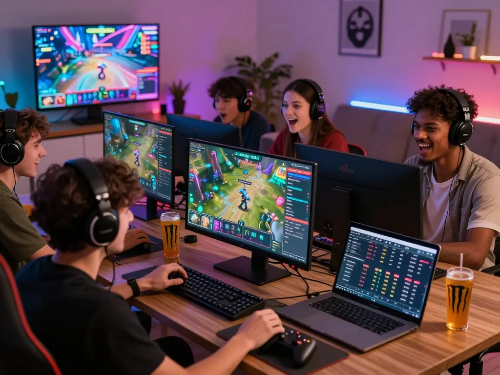 Sunwin gaming community enjoying thrilling gameplay with vibrant graphics and engaging interface in a lively modern setting.