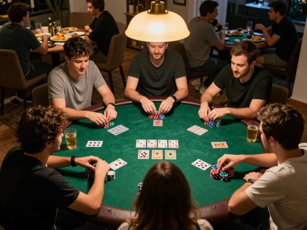 Players enjoying a strategic poker night at home, showcasing community cards and chips, with details highlighting friendly competition from https://kjc365.com/.