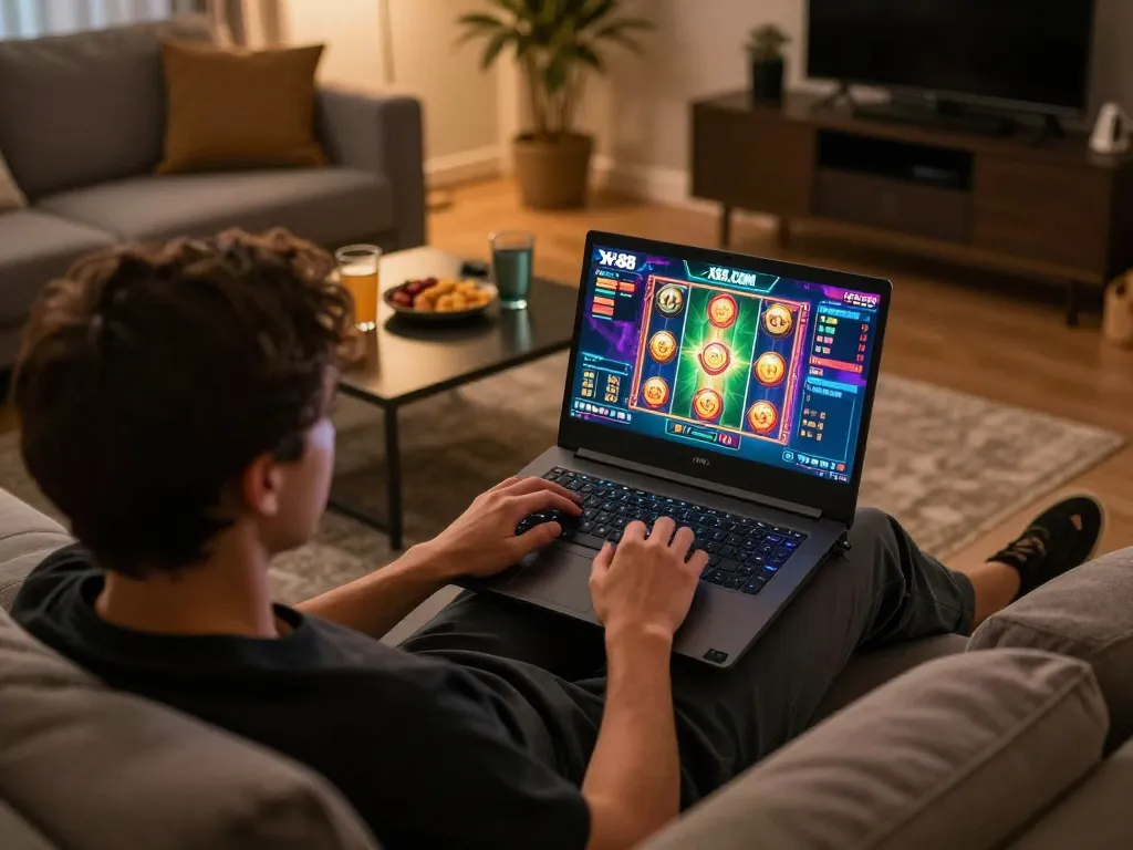 Engaging online gaming session on X88.COM with laptop showcasing vibrant slot games interface