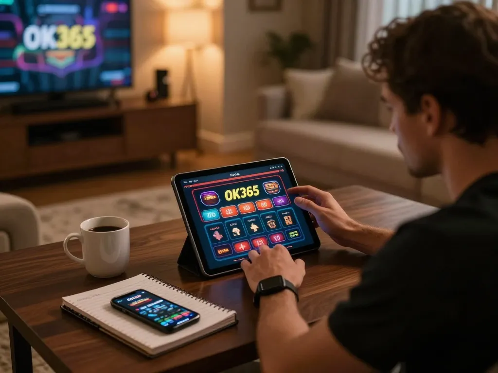 Player enjoying online gaming on OK365 app with warm home ambiance and strategy notes