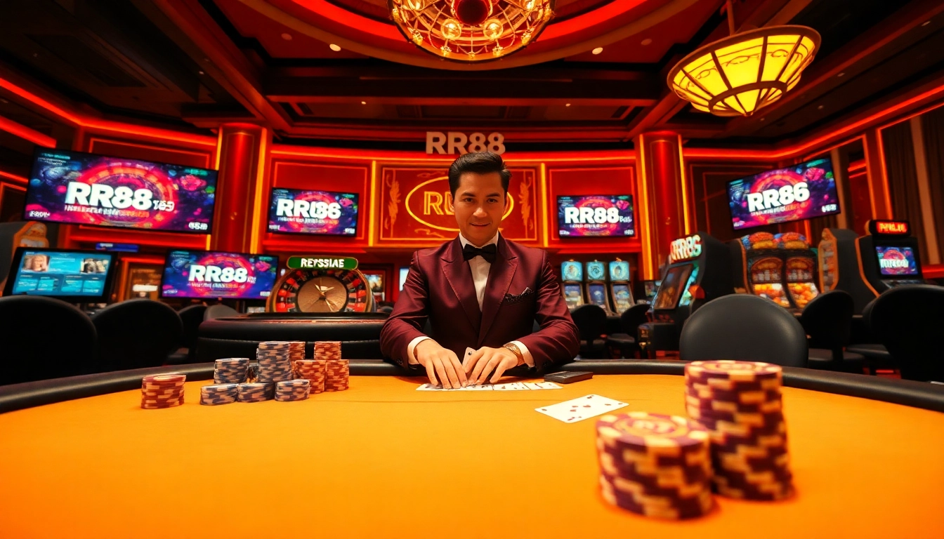 Experience the excitement of RR88 with lively casino tables and poker chips.