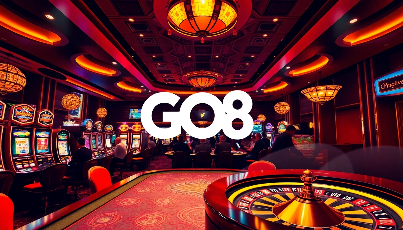 GO8 casino scene with vibrant tables, poker chips, and an active roulette wheel, showcasing excitement.