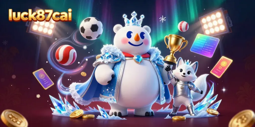 Experience the thrill of luck87cai with vibrant casino characters surrounded by dynamic sports elements.