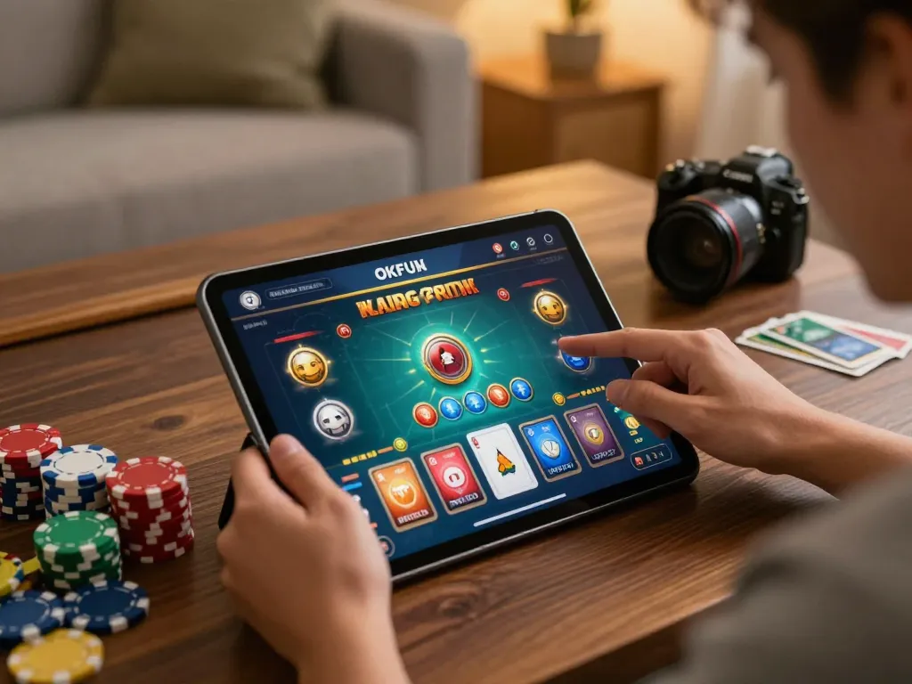 Experience the excitement of online gaming with OKFUN in a cozy home setup, capturing a player engaged with a casino tablet.