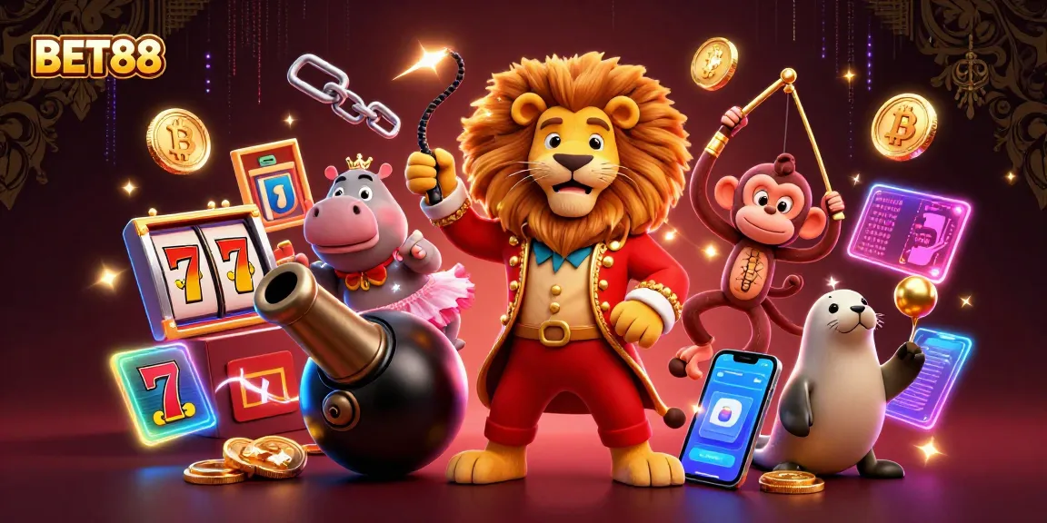 Experience winning with BET88's vibrant casino scene featuring playful characters and dynamic gaming elements.